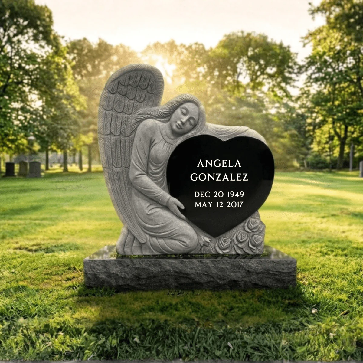Angel Upright Headstone - Black Granite