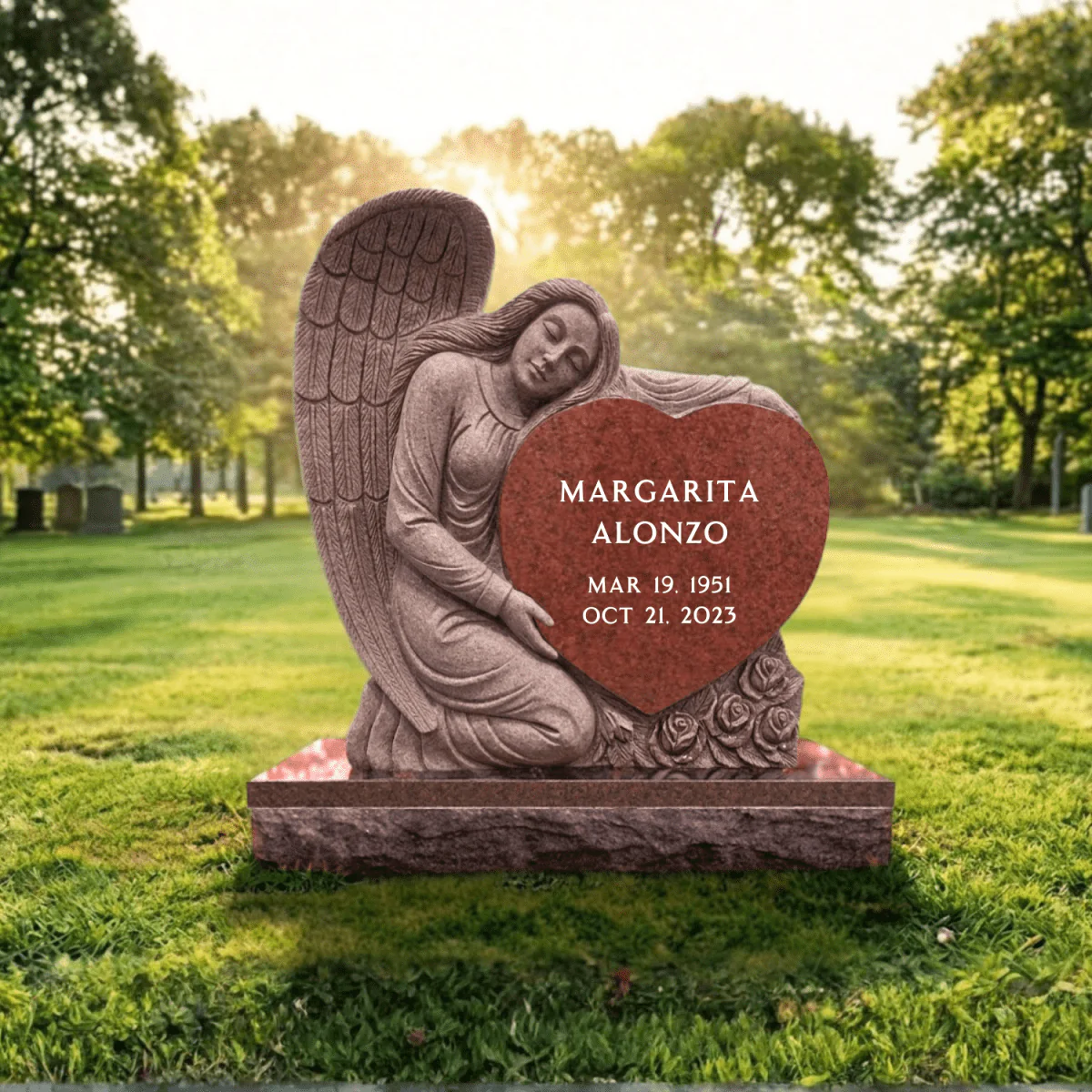 Angel Upright Headstone - Red Granite