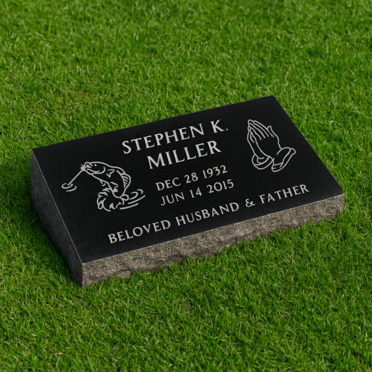 Bevel (Pillow) Grave Marker with Two Symbols - (24 x 12 x 6-4 in) - Black Granite