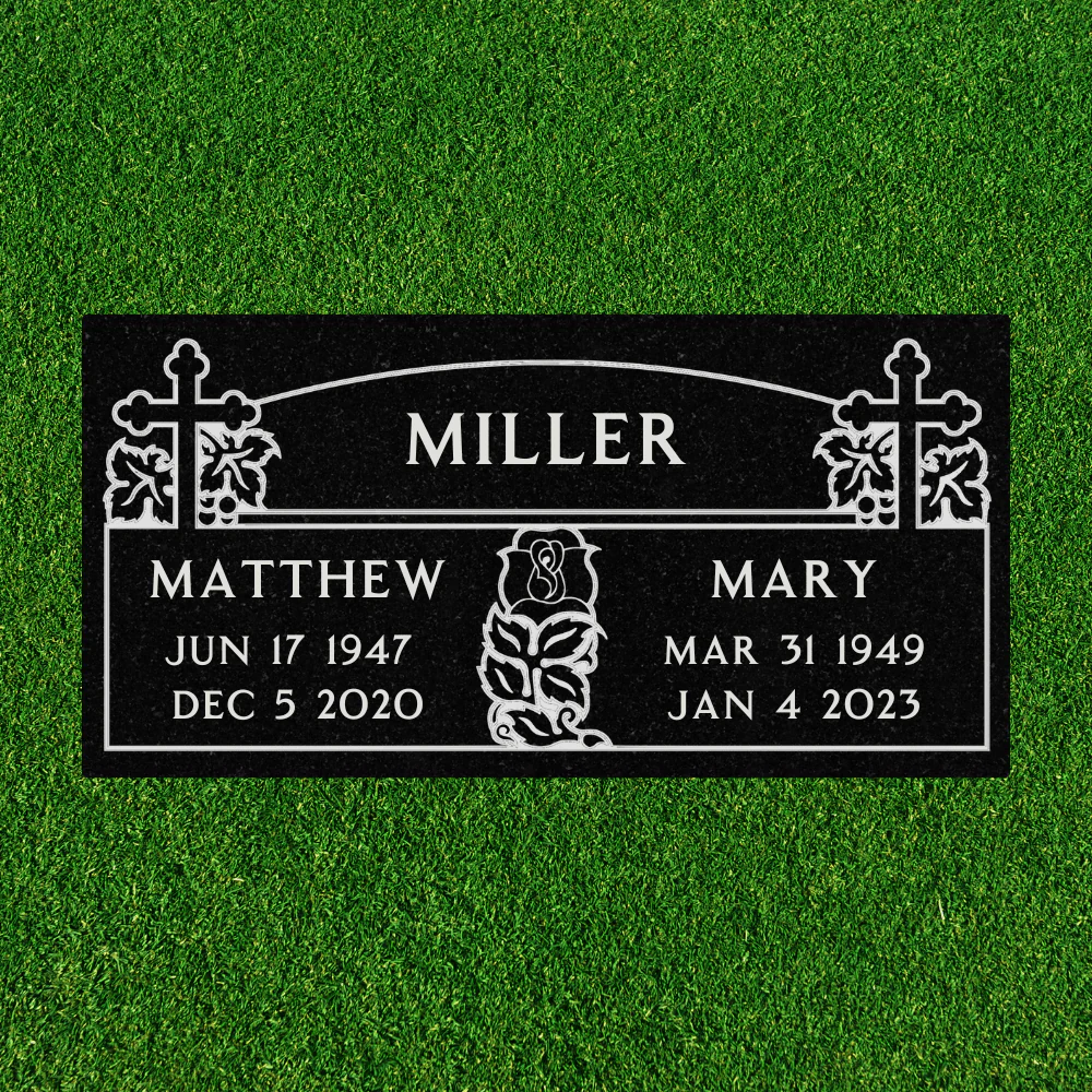 Black Granite - Companion Flat Headstone Marker with border - (24 x 12 x 4 in)
