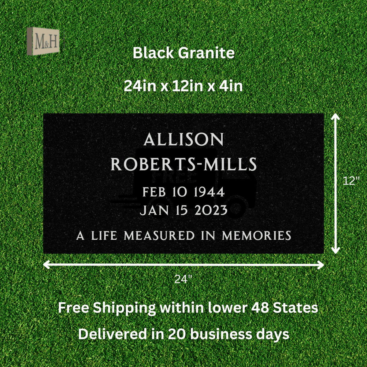 Black Granite - Flat Headstone Marker - (24 x 12 x 4 in) - Image 2