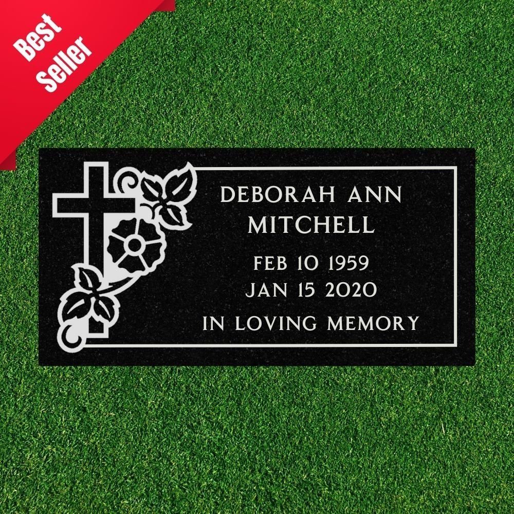 Black Granite - Flat Headstone Marker with Border - (24 x 12 x 4 in)