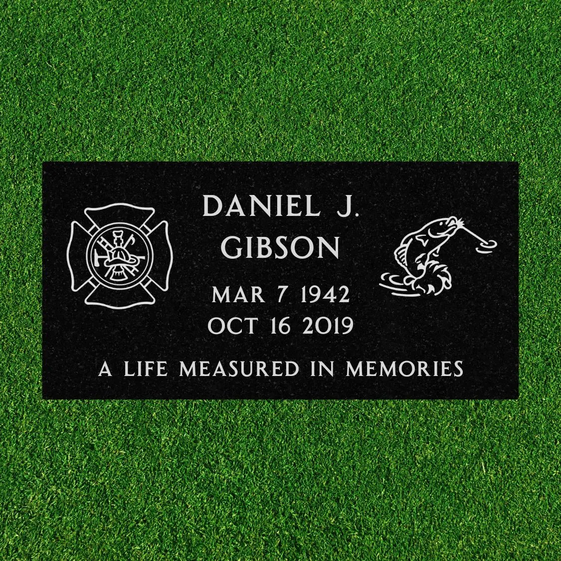 Black Granite - Flat Headstone Marker with Two Symbols - (24 x 12 x 4 in)