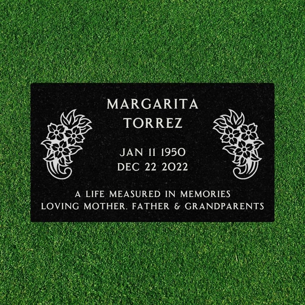 Black Granite - Flat Headstone Marker with two symbols - (28 x 16 x 3 in)