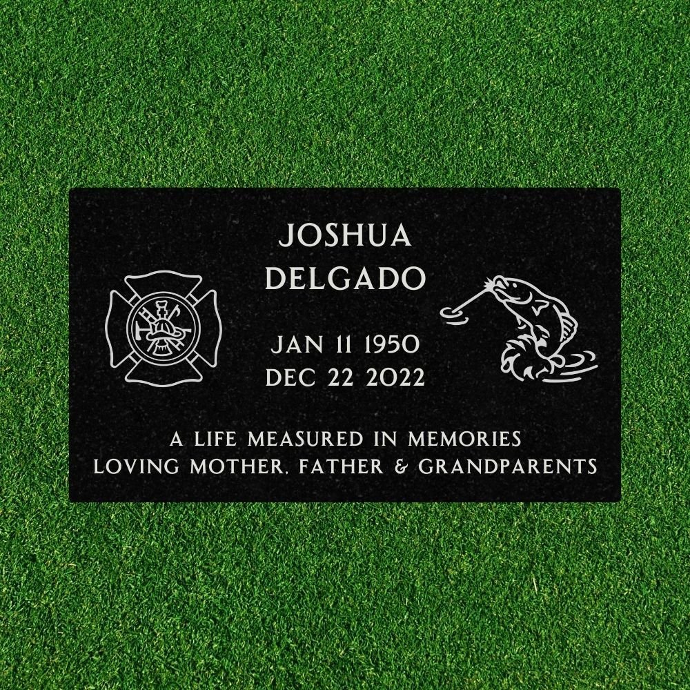 Black Granite - Flat Headstone Marker with two symbols - (28 x 16 x 3 in) - Image 2
