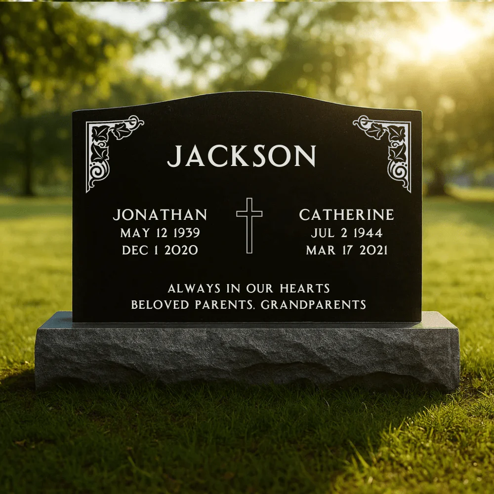 Companion Upright Headstone - Black Granite - 36in Top/44in Base - Large