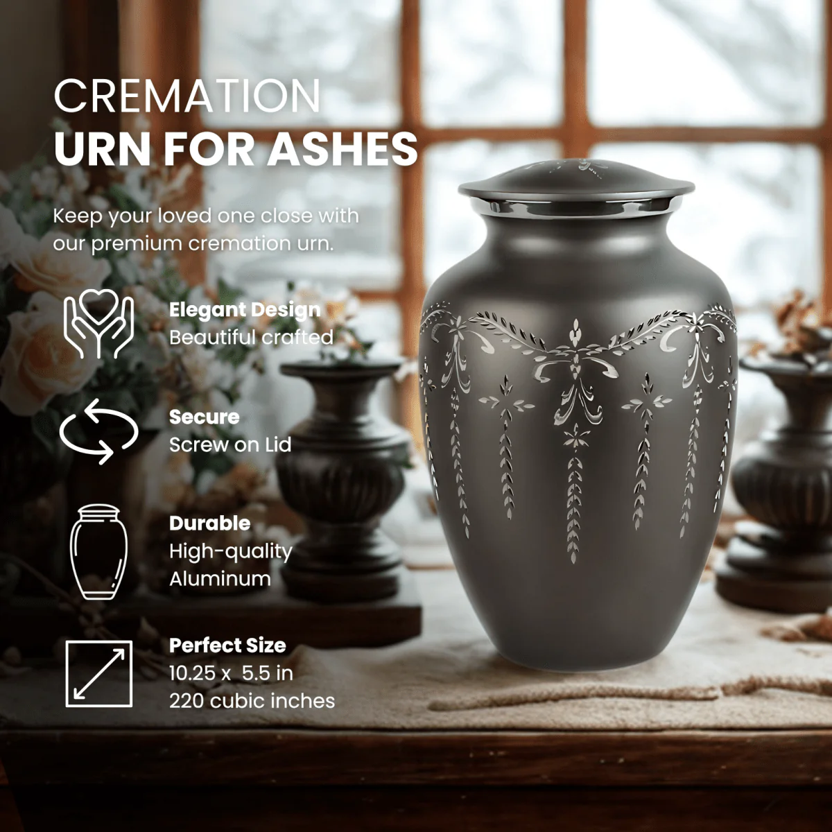 Fancy Flourish Cremation Urn - Aluminum - Image 2