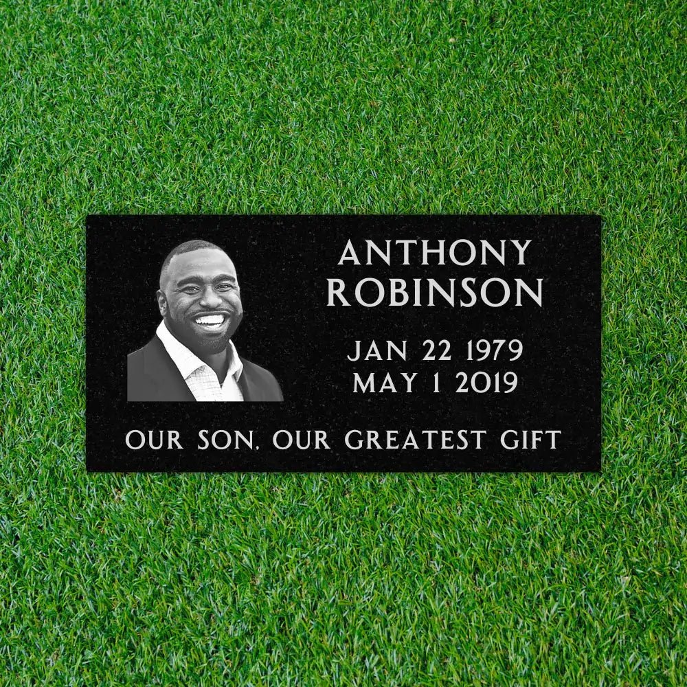 Flat Headstone Marker with Photo - (16 x 8 x 3 in) - Black Granite - Laser Series