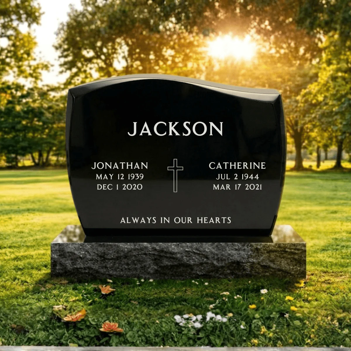 French Curve Upright Headstone - Black Granite