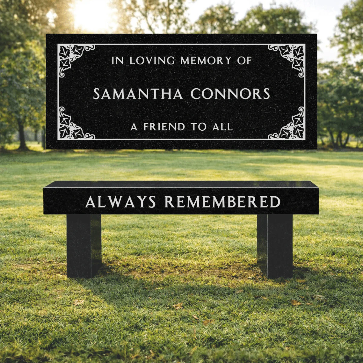 Memorial Bench for Cemetery - Border Design - Black Granite - 36in x 14in x 17in