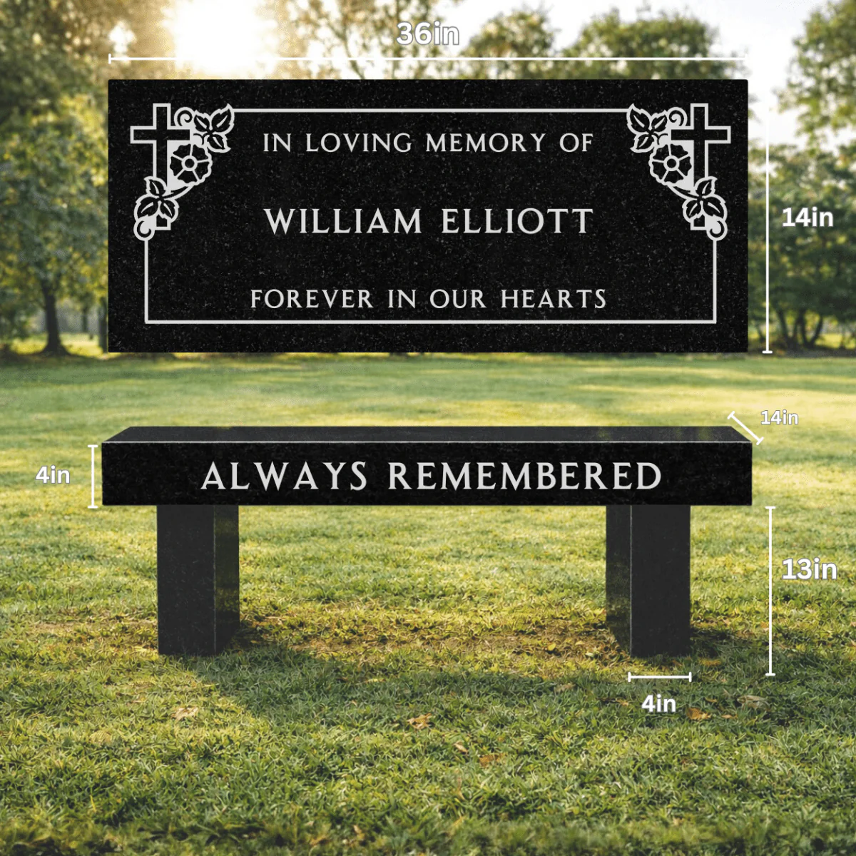 Memorial Bench for Cemetery - Border Design - Black Granite - 36in x 14in x 17in - Image 2