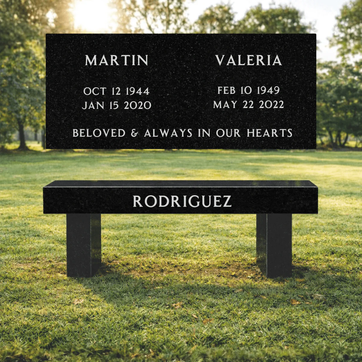 Memorial Bench for Cemetery - Companion - Black Granite - 36in x 14in x 17in