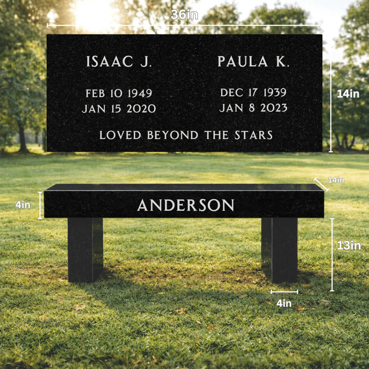 Memorial Bench for Cemetery - Companion - Black Granite - 36in x 14in x 17in - Image 2