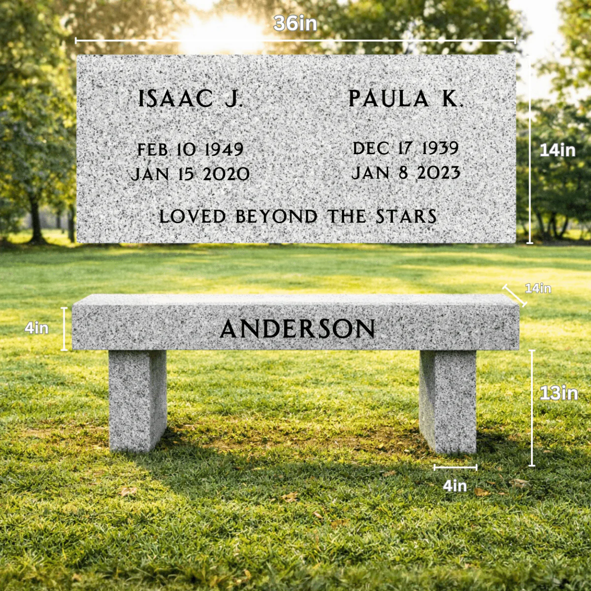 Companion Memorial Bench for Cemetery - (Double) - Gray Granite - 36in x 14in x 18in - Image 2