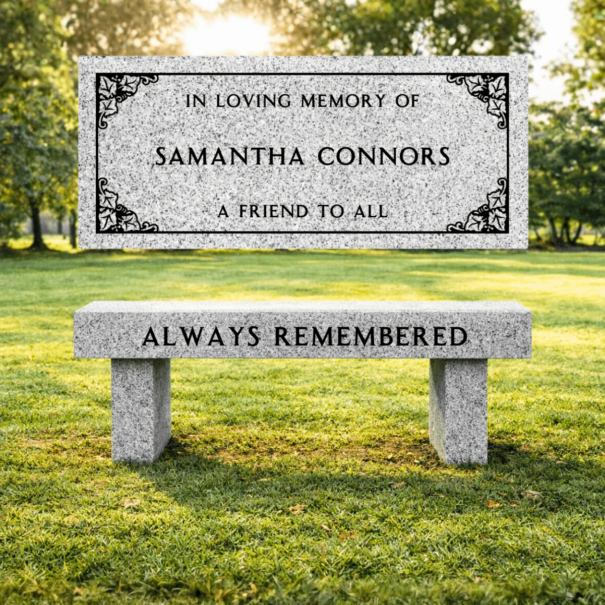 Memorial Bench for Cemetery - Border Design - Gray Granite - 36in x 14in x 18in