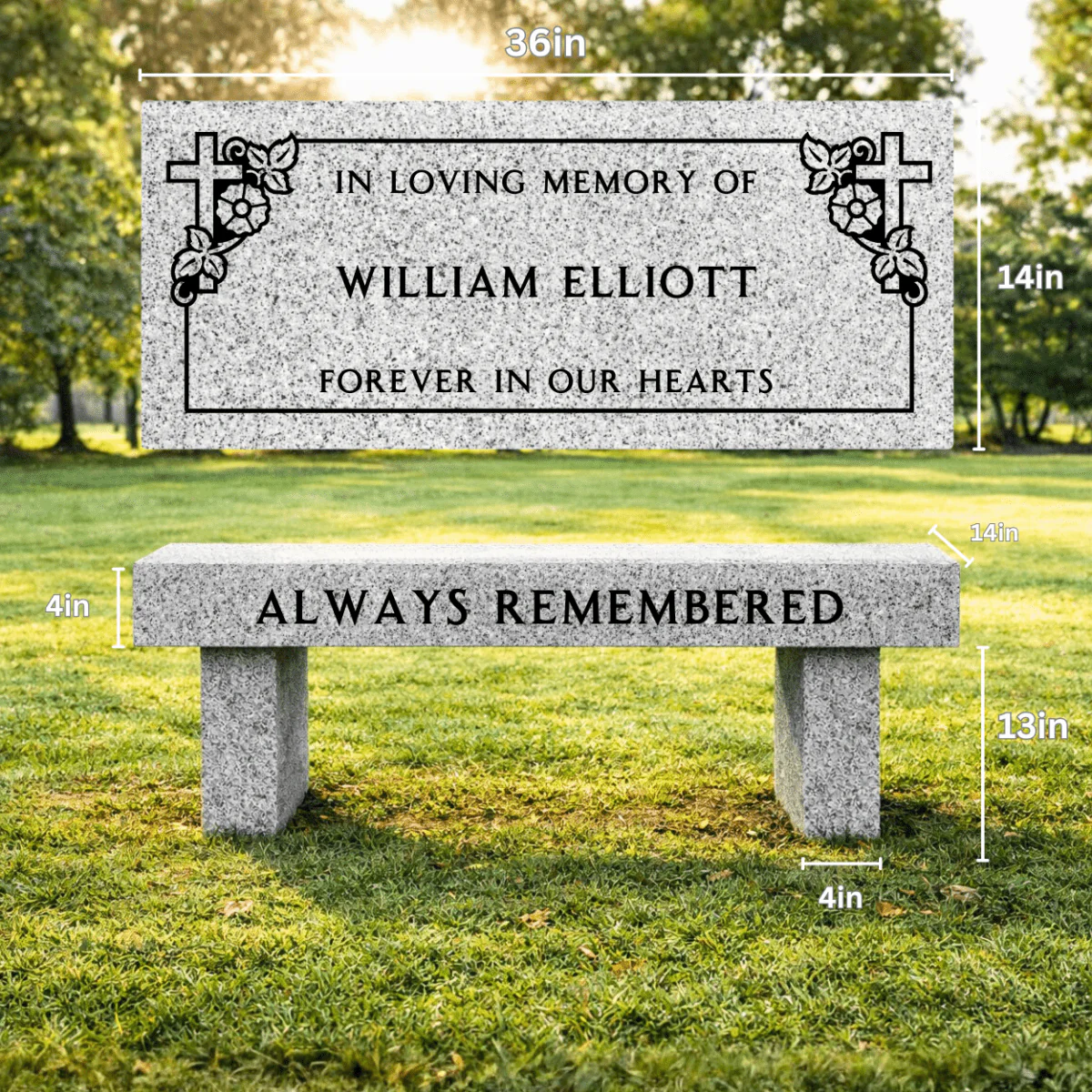 Memorial Bench for Cemetery - Border Design - Gray Granite - 36in x 14in x 18in - Image 2