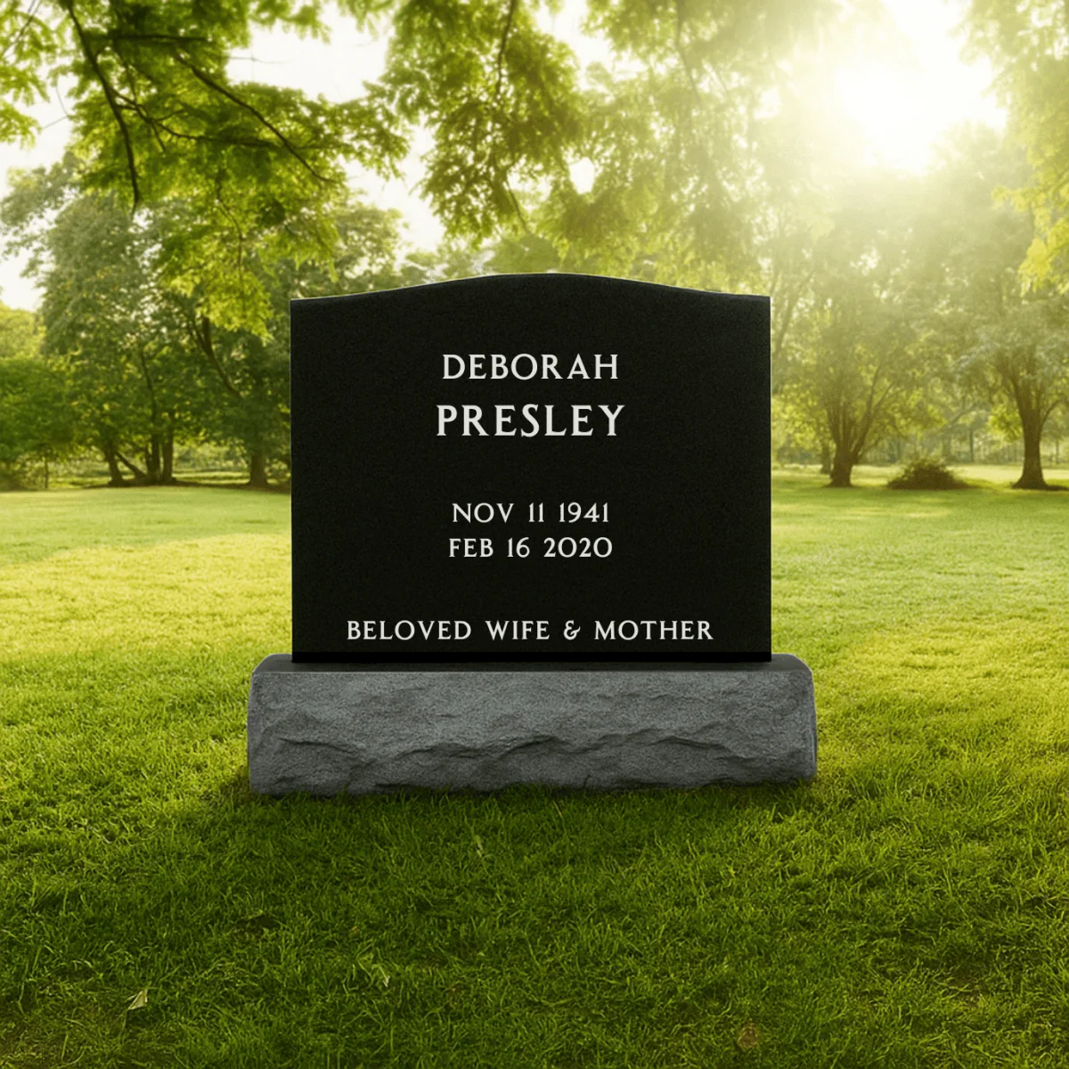 Single Upright Headstone - Black Granite - 24in Top/30in Base