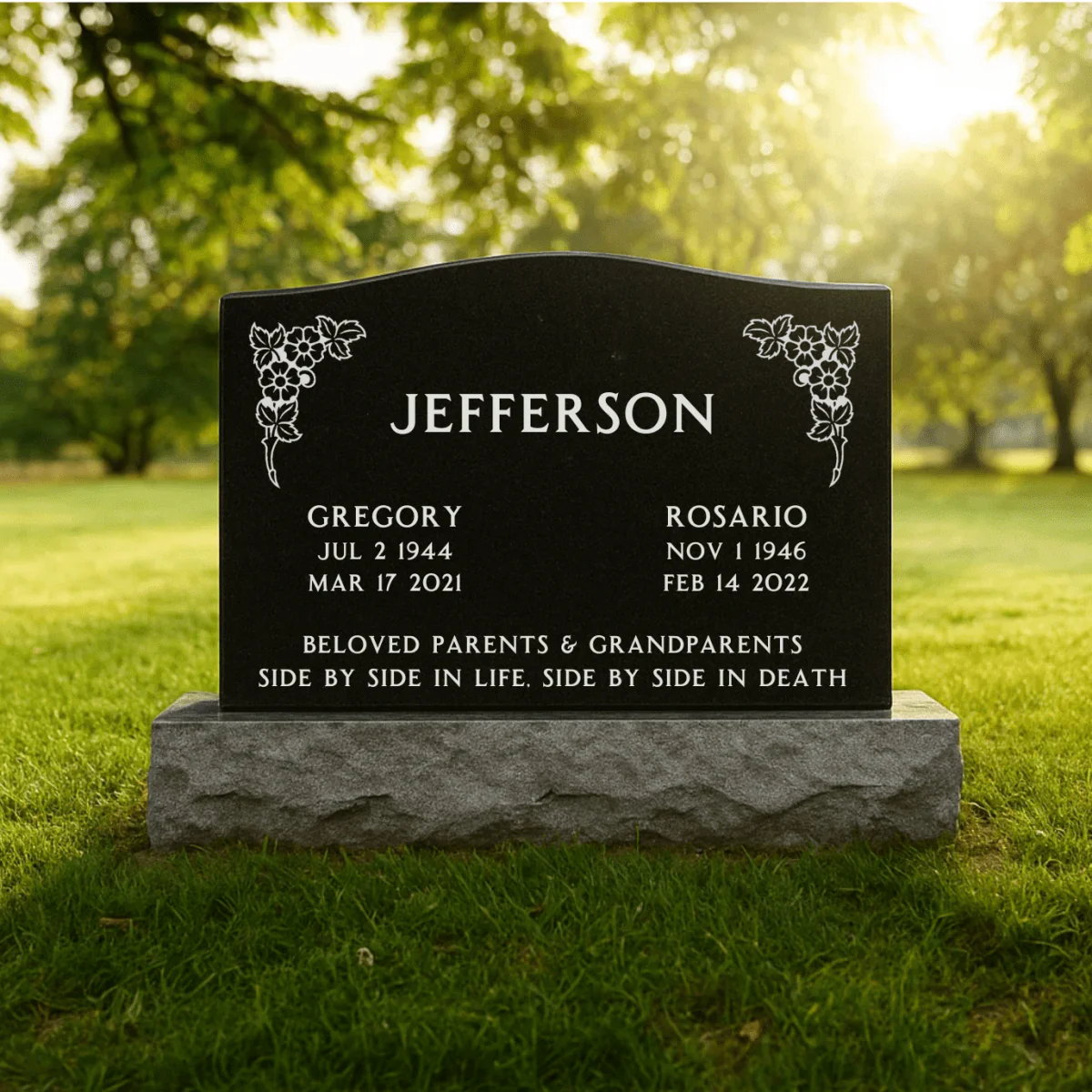 Companion Upright Headstone - Black Granite Monument - 30in Top/38in Base - Medium