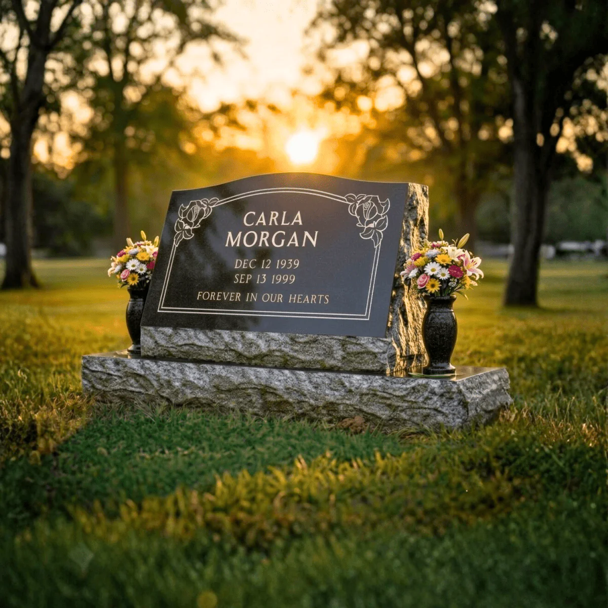 Slant Headstone Marker - with Border - (24 x 10 x 16 in) - Black Granite - Image 2