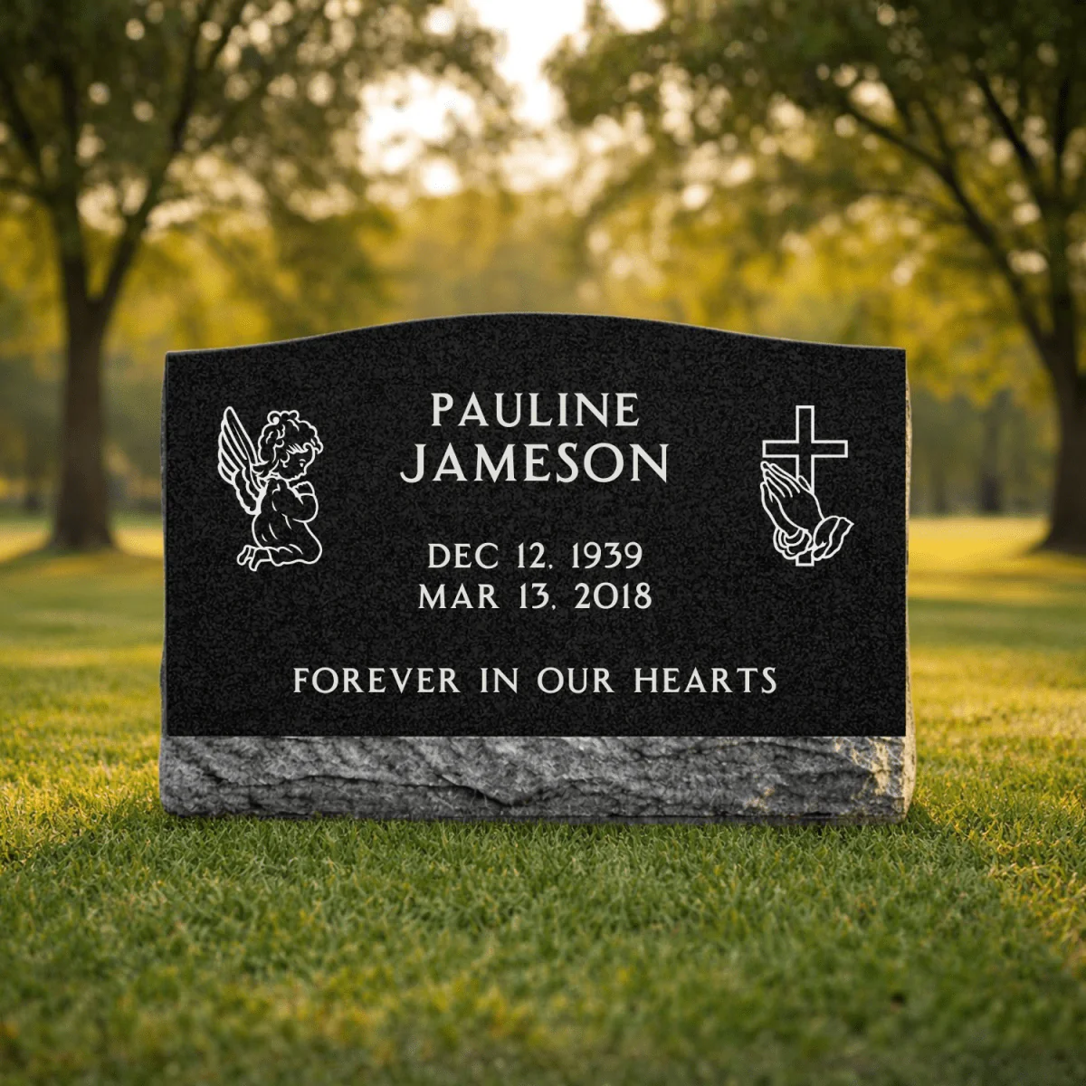 Slant Headstone Marker - with Symbols - (24 x 10 x 16 in) - Black Granite