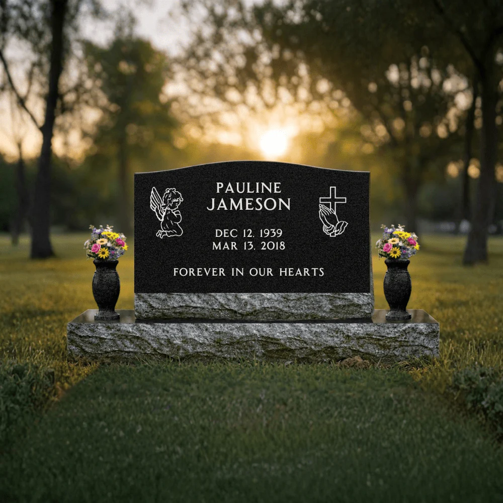 Slant Headstone Marker - with Symbols - (24 x 10 x 16 in) - Black Granite - Image 2