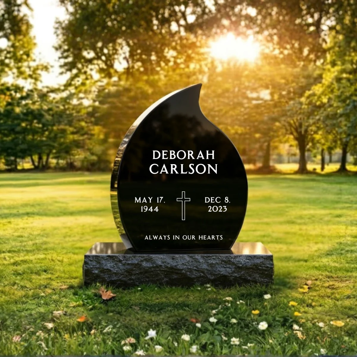 Teardrop Upright Headstone - Black Granite
